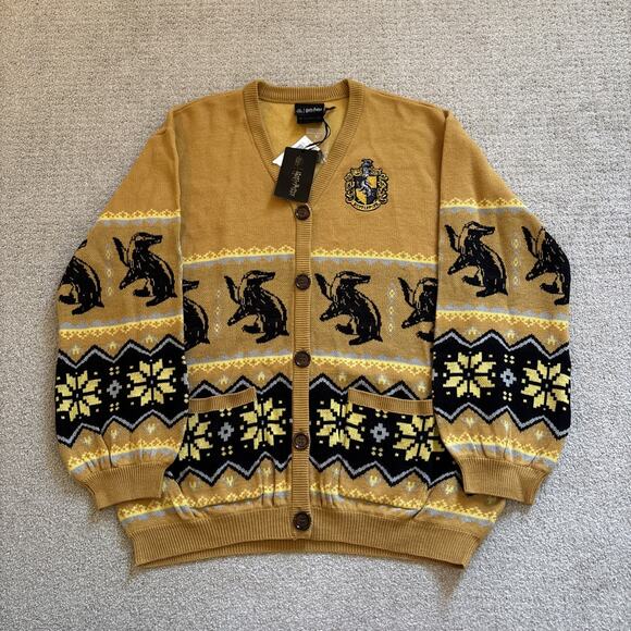 harry potter Sweaters - Harry Potter Hufflepuff Women's M Cardigan Fair Isle Knit Embroidered Box Lunch